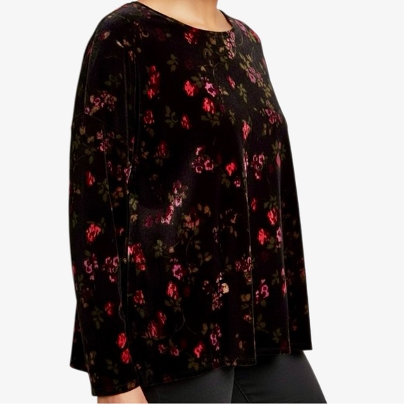 J.Jill Black Multi Color Floral Knit Top Crew Neck Velvety Long Sleeve Stretch - Picture 2 of 11